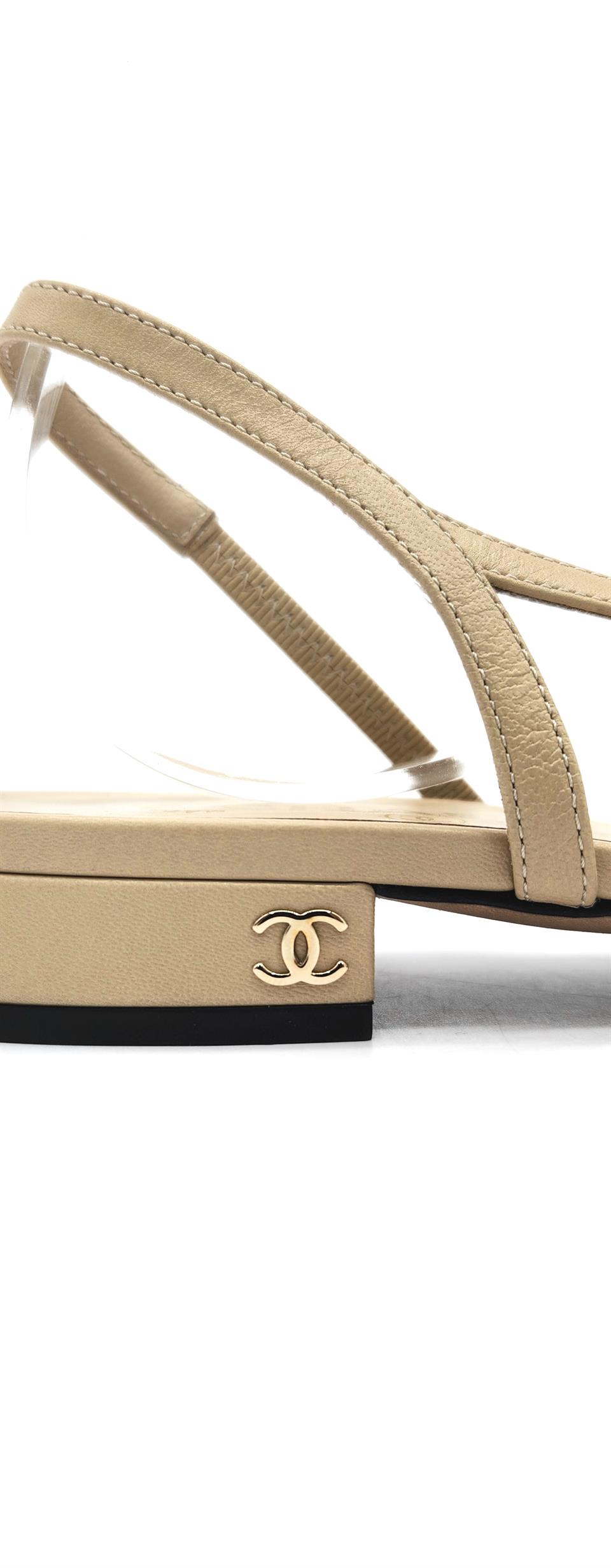 Chanel Beige Black Leather Canvas Slingback Flats 39.5