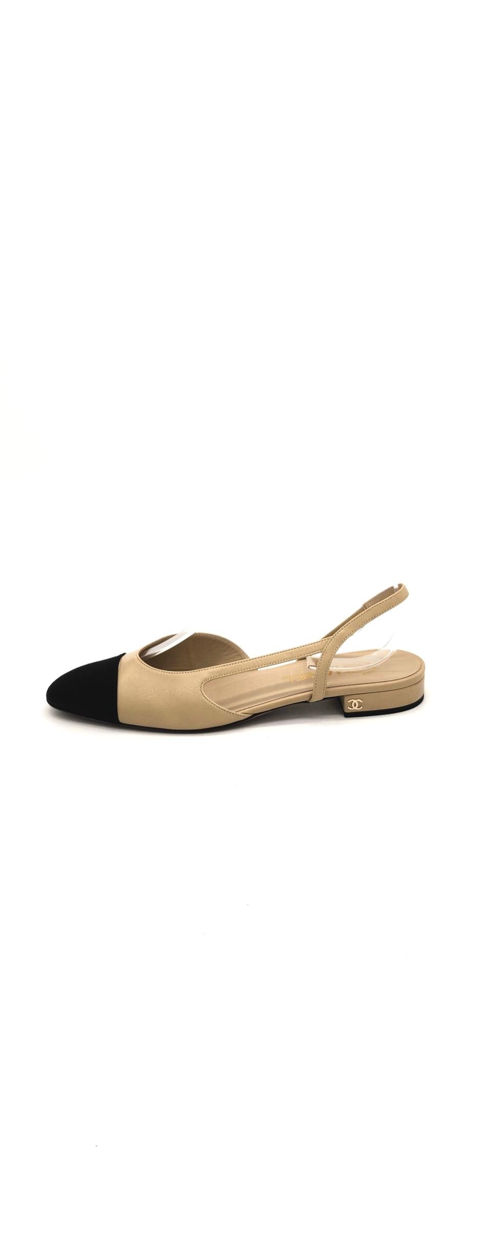 Chanel Beige Black Leather Canvas Slingback Flats 39.5