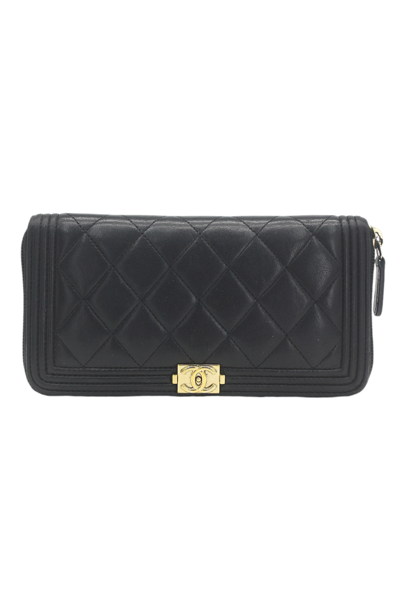 Chanel Black Lambskin Quilted Boy Zip Around Wallet