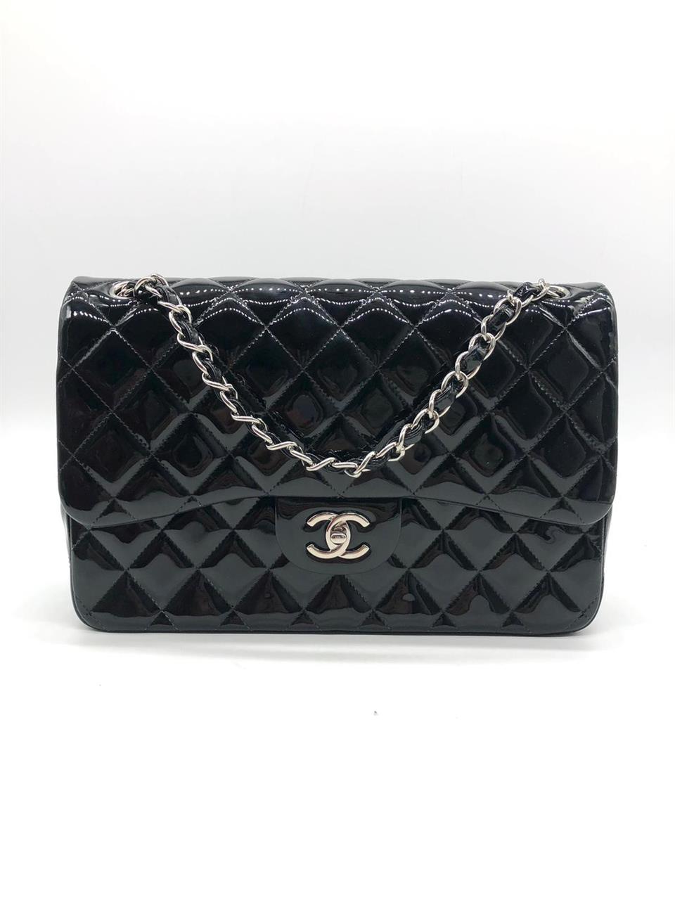 Orijinal İkinci El Chanel Black Patent Leather Large Classic Double Flap Bag  Deluxe Seconds