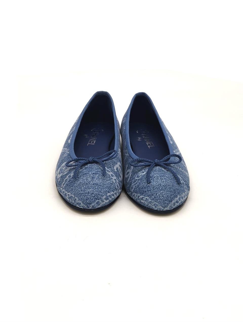 Chanel Blue White Denim Chain Camellia Printed Ballet Flats 38.5