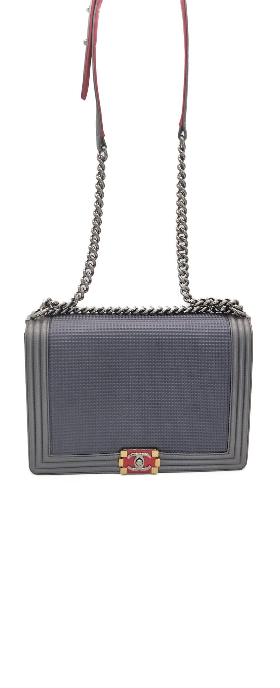 Chanel Grey Cube Embossed Leather Large Boy Flap Bag
