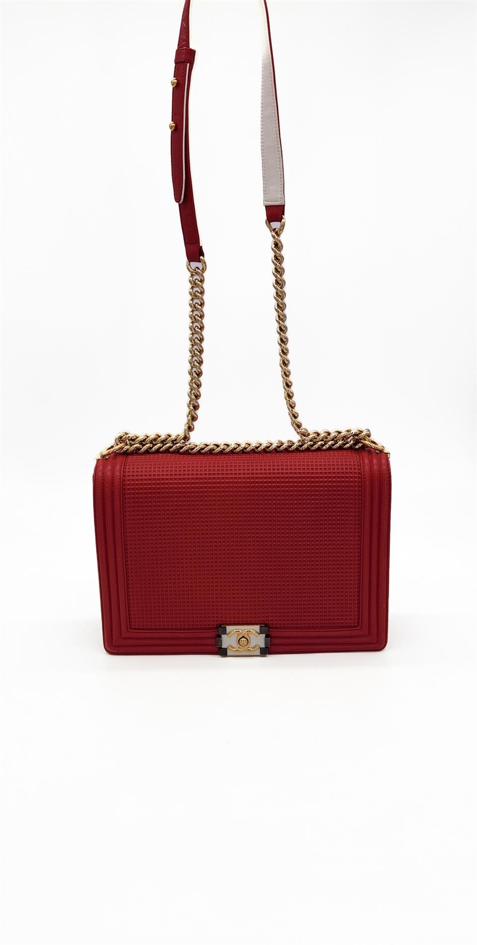 Chanel Red Cube Embossed Leather Large Boy Flap Bag