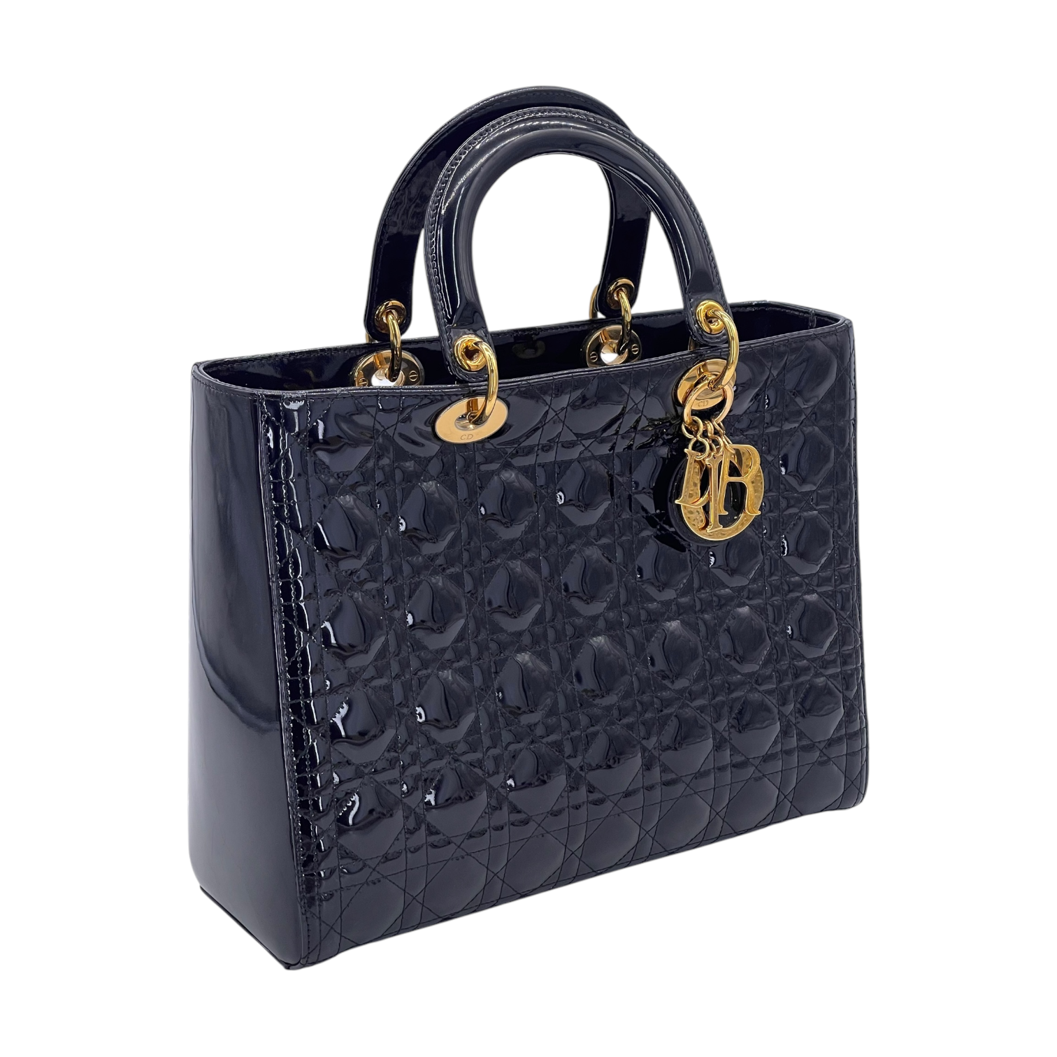 Christian Dior Black Patent Cannage Calfskin Gold Large Lady Dior Bag