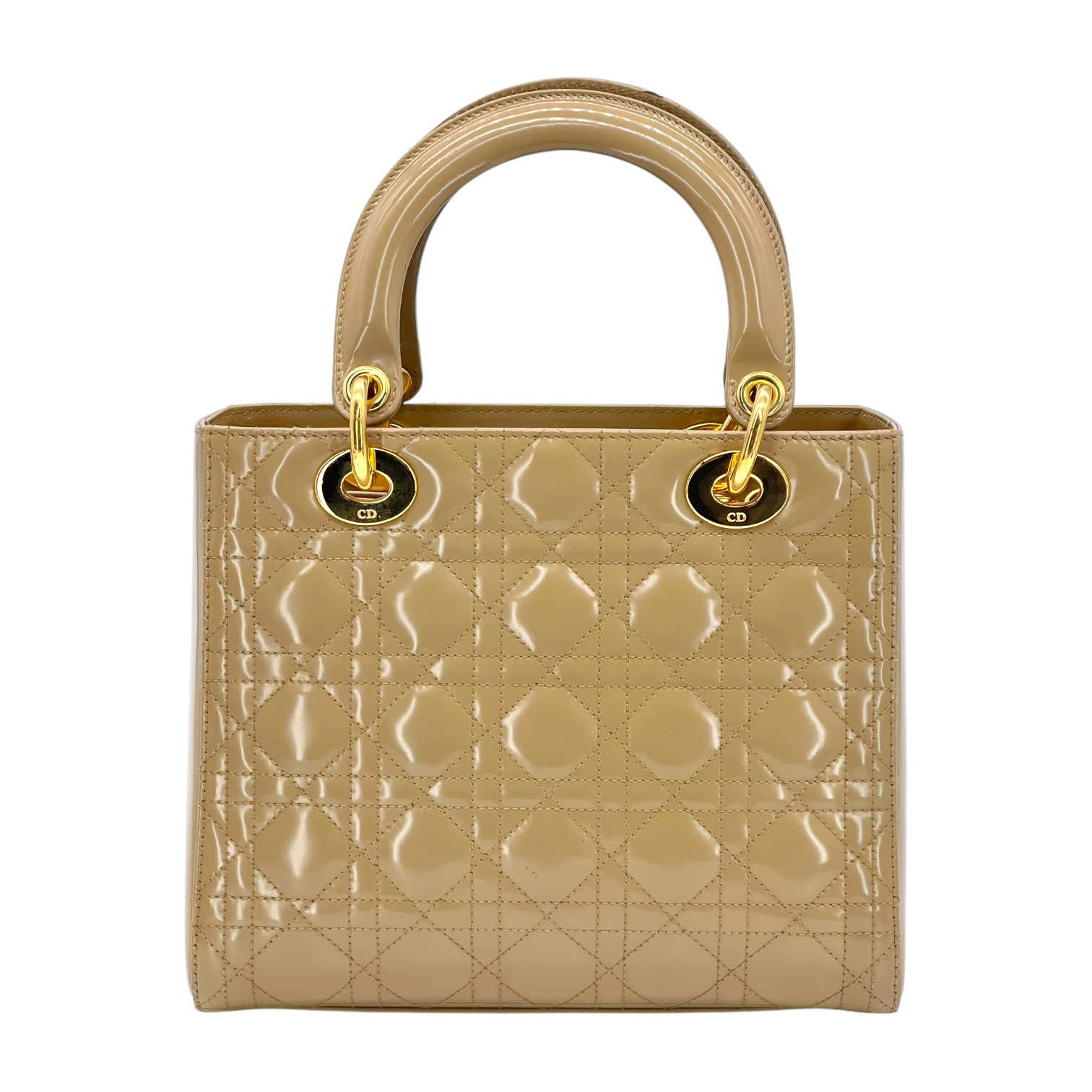 Christian Dior Light Brown Patent Cannage Calfskin Gold Medium Lady Dior