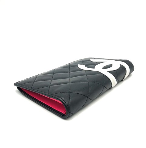 CHANEL Bi-Fold Long Wallet Black Pink Neon Cambon Line A26717 Good Condition