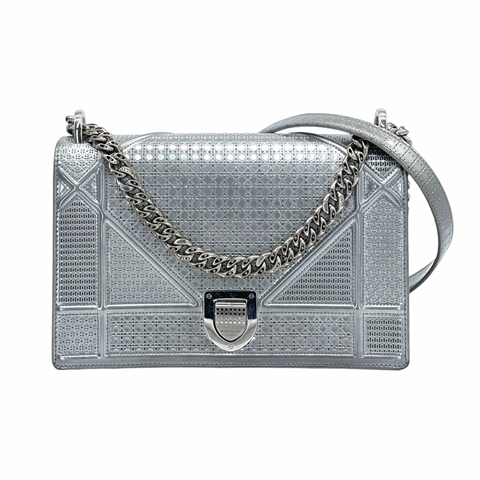 Christian Dior Silver Patent Microcannage Calfskin Medium Diorama Bag