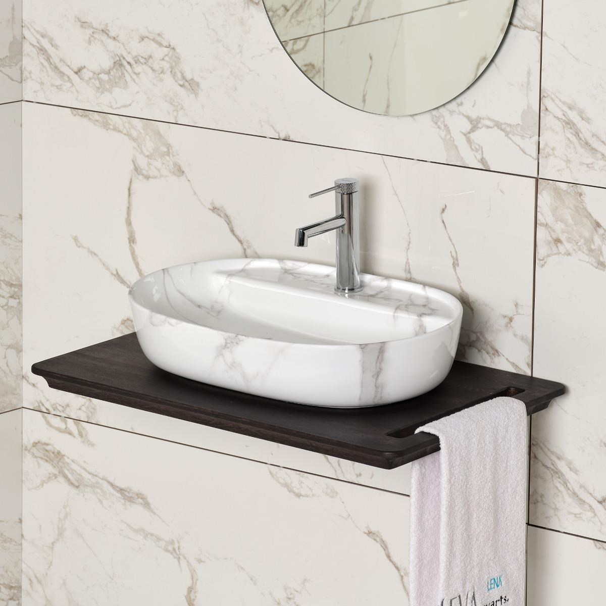 E-2114M1 Tezgah Üstü Lavabo Beyaz Mermer Desenli