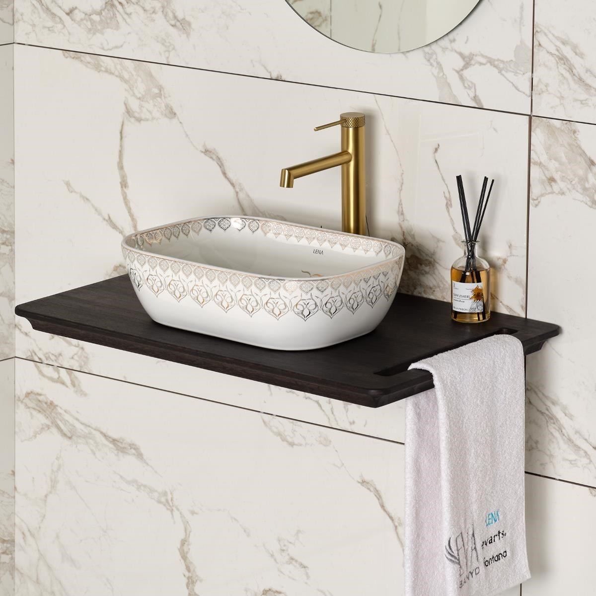 EY-7033 Tezgah Üstü Lavabo Beyaz & Altın