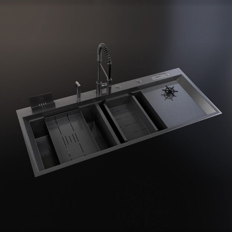 Siyah 120x50 Çift Göz Bardak Yıkamalı Paslanmaz Çelik Eviye