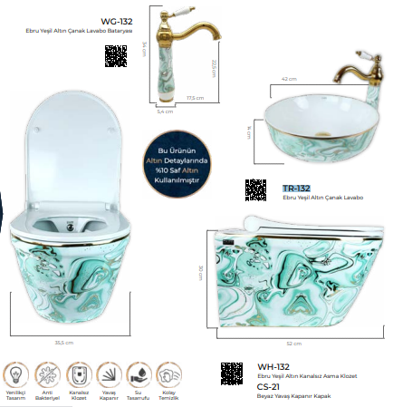 Pure Ebru Yesıl  Altın Kanalsız Asma Klozet Wh-132+Soft Kapak