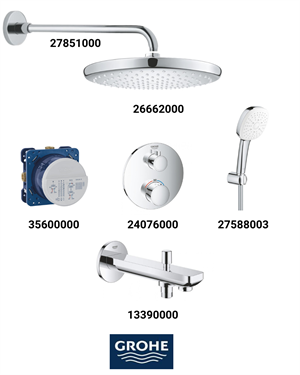 Grohtherm Ankastre Termosta Banyo Bataryası Seti Oval Gagadan Yönlendiricili (Geniş Oval Tepe Duşlu) 24076SET5