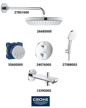 Grohtherm Ankastre Termostatik Banyo Bataryası Seti Oval Gagadan Yönlendiricili(Kare Tepe Duşlu) 24076SET6