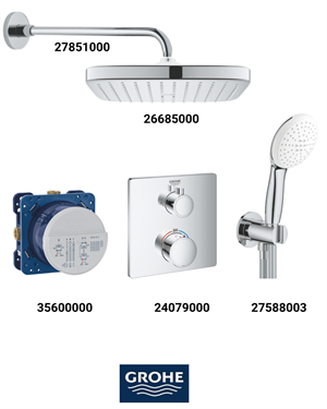 Grohtherm Termostatik Ankastre Banyo Bataryası Seti Kare Gagasız(Kare Tepe Duşlu)