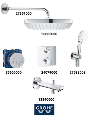 Grohtherm Termostatik Ankastre Banyo Bataryası Seti Kare Gagadan Yönlendiricili(Kare Tepe Duşlu) 24079SET6
