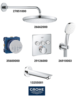 Grohtherm Smartkontrol Ankastre Banyo Bataryası Seti Kare 3-Yol Gagalı(Geniş Oval Tepe Duşlu)