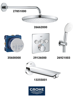 Grohtherm Smartkontrol Ankastre Banyo Bataryası Seti Kare 3-Yol Gagalı (Geniş Oval Tepe Duşlu) 29126SET5