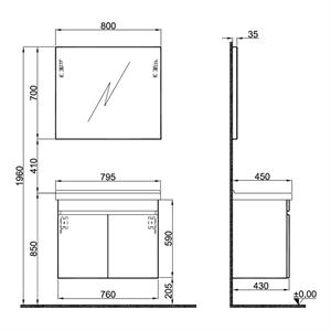 Kale Krea 80Cm Kapaklı Set Modern Cevız (Lavabo+Lavabo Dolabı+Düz Ayna)