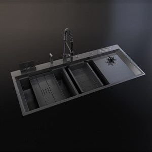 Siyah 120x50 Çift Göz Bardak Yıkamalı Paslanmaz Çelik Eviye