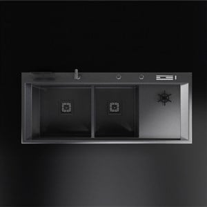 Siyah 120x50 Çift Göz Bardak Yıkamalı Paslanmaz Çelik Eviye