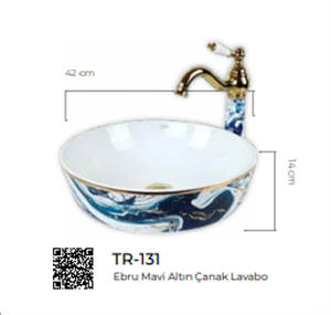 Pure Ebru Mavi Altın Tezgah Üstü Çanak Lavabo Tr-131