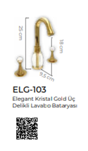 Elegate Kristal Altın Üç Delikli Lavabo Bataryası
