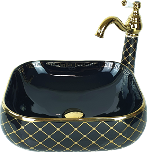 Pure Geometrik Siyah Gold Tezgah Üstü Çanak Lavabo Gb-523
