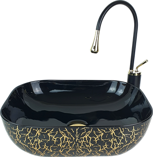 Marble Parlak Siyah Altın Çanak Lavabo