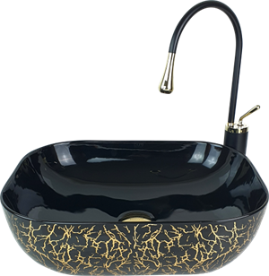 Marble Parlak Siyah Altın Çanak Lavabo
