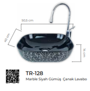 Marble Parlak Siyah Gümüş Çanak Lavabo