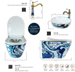 Pure Ebru Mavı  Altın Kanalsız Asma Klozet Wh-131+Soft Kapak