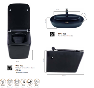 Pure Mat Sıyah Kanalsız Asma Klozet Wh-777+Soft Kapak