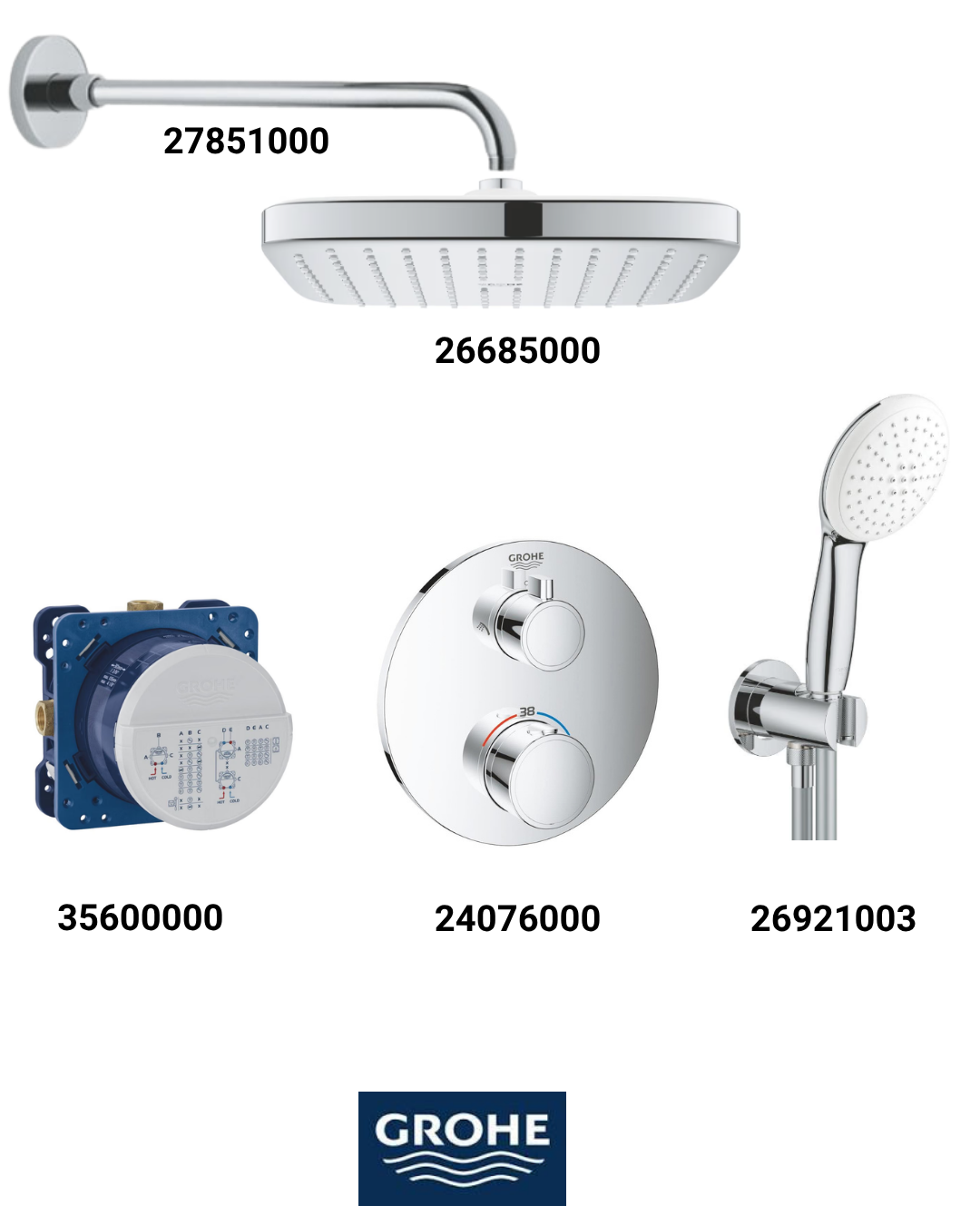 Grohtherm Termostatik Ankastre Banyo Bataryası Seti Gagasız Oval (Kare Tepe Duşlu) 24076SET3