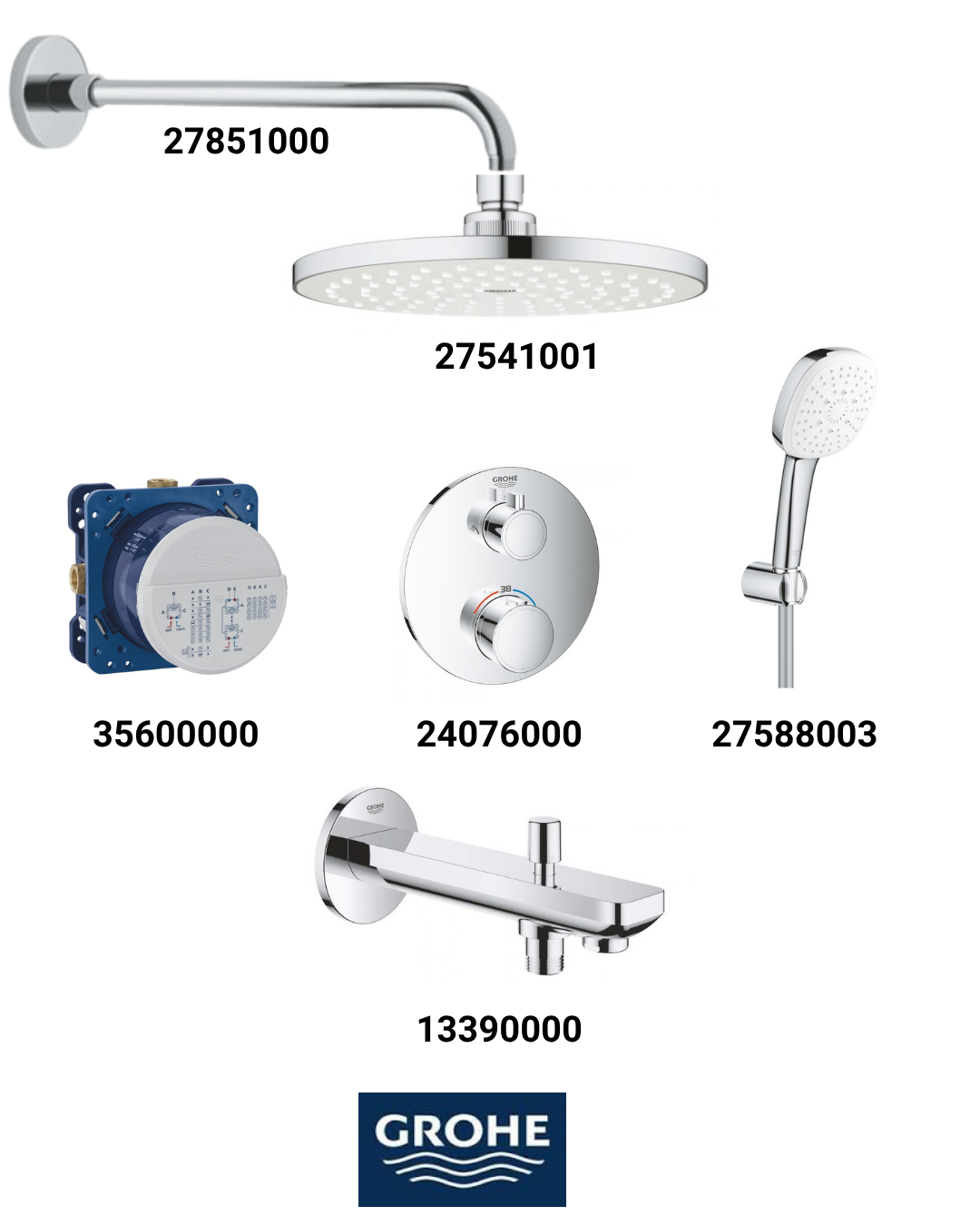 Grohtherm Termostatik Ankastre Banyo Bataryası Seti Oval Gagadan Yönlendiricili (Oval Tepe Duşlu) 24076SET4