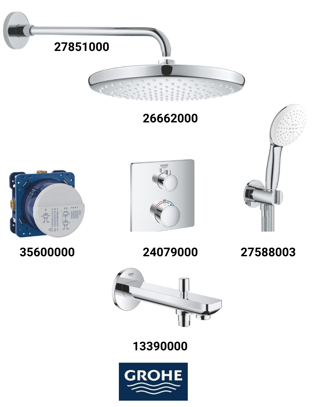 Grohtherm Termostatik Ankastre Banyo Bataryası Seti Kare Gagadan Yönlendircili (Genişoval Tepeduşlu) 24079SET5