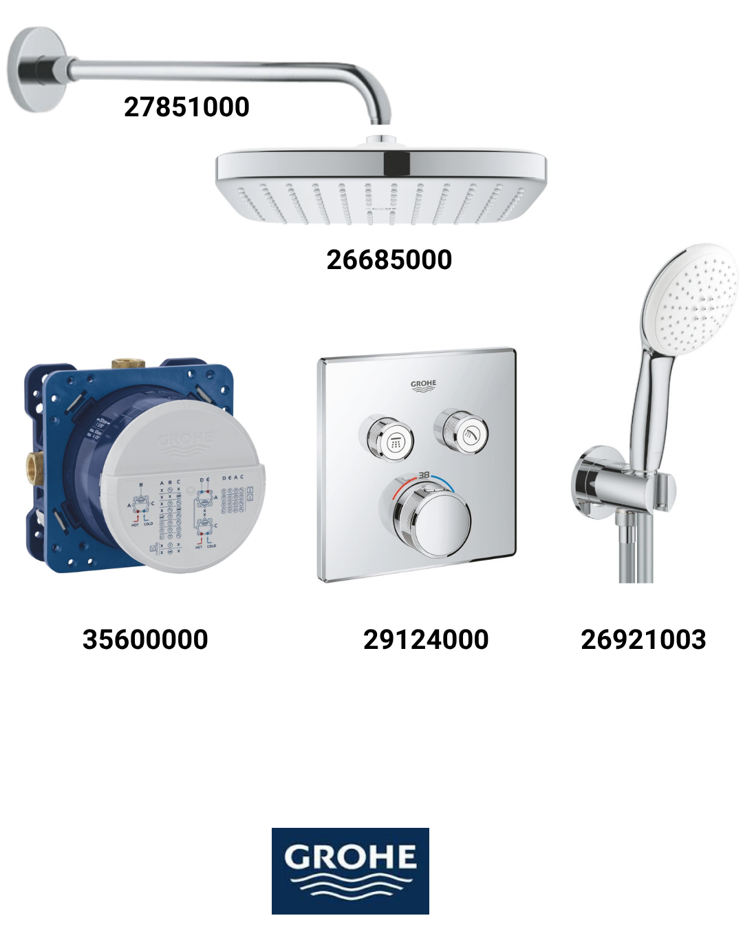 Grohtherm Smartkontrol Ankastre Banyo Bataryası Seti Kare Gagasız(Kare Tepe Duşlu) 29124SET3