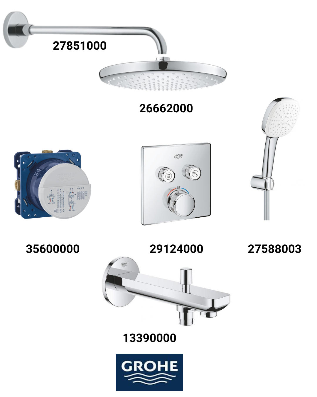 Grohtherm Smartkontrol Ankastre Banyo Bataryası Seti Kare Gagadan Yönlendircili(Genişoval Tepeduşlu) 29124SET5