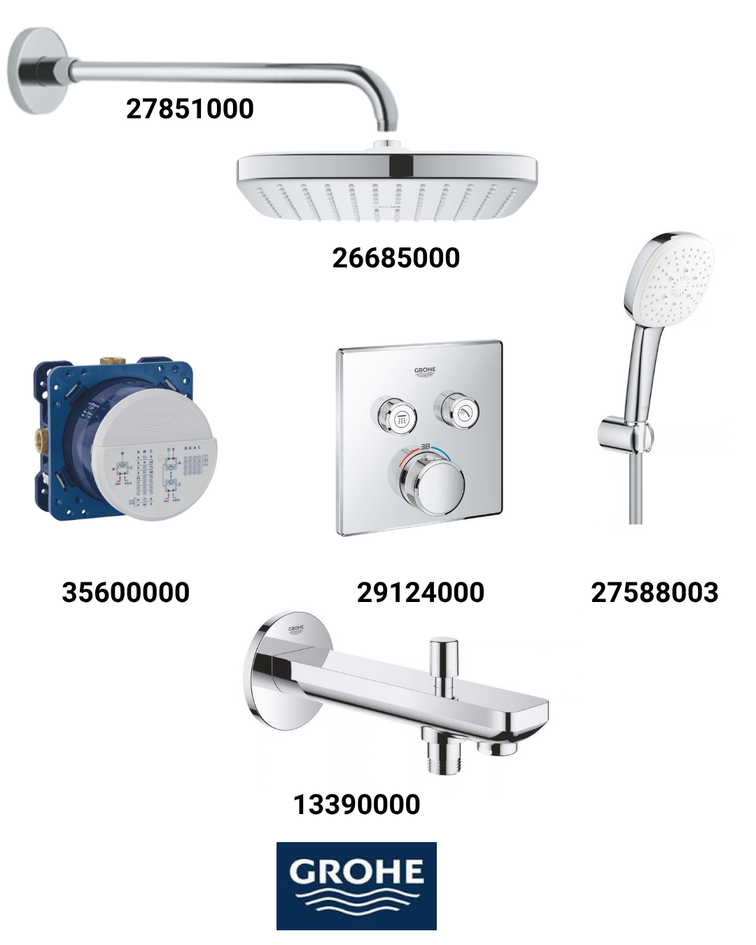 Grohtherm Smartkontrol Ankastre Banyo Bataryası Seti Kare Gagadan Yönlendiricili(Kare Tepe Duşlu) 29124SET6