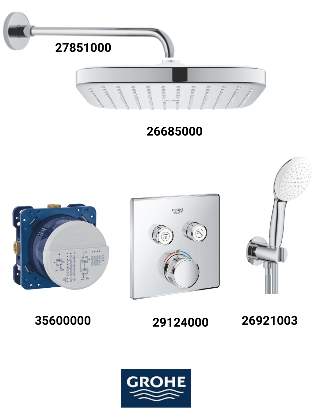 Grohtherm Smartkontrol Ankastre Banyo Bataryası Seti Kare Gagasız (Kare Tepe Duşlu) 29124SET7