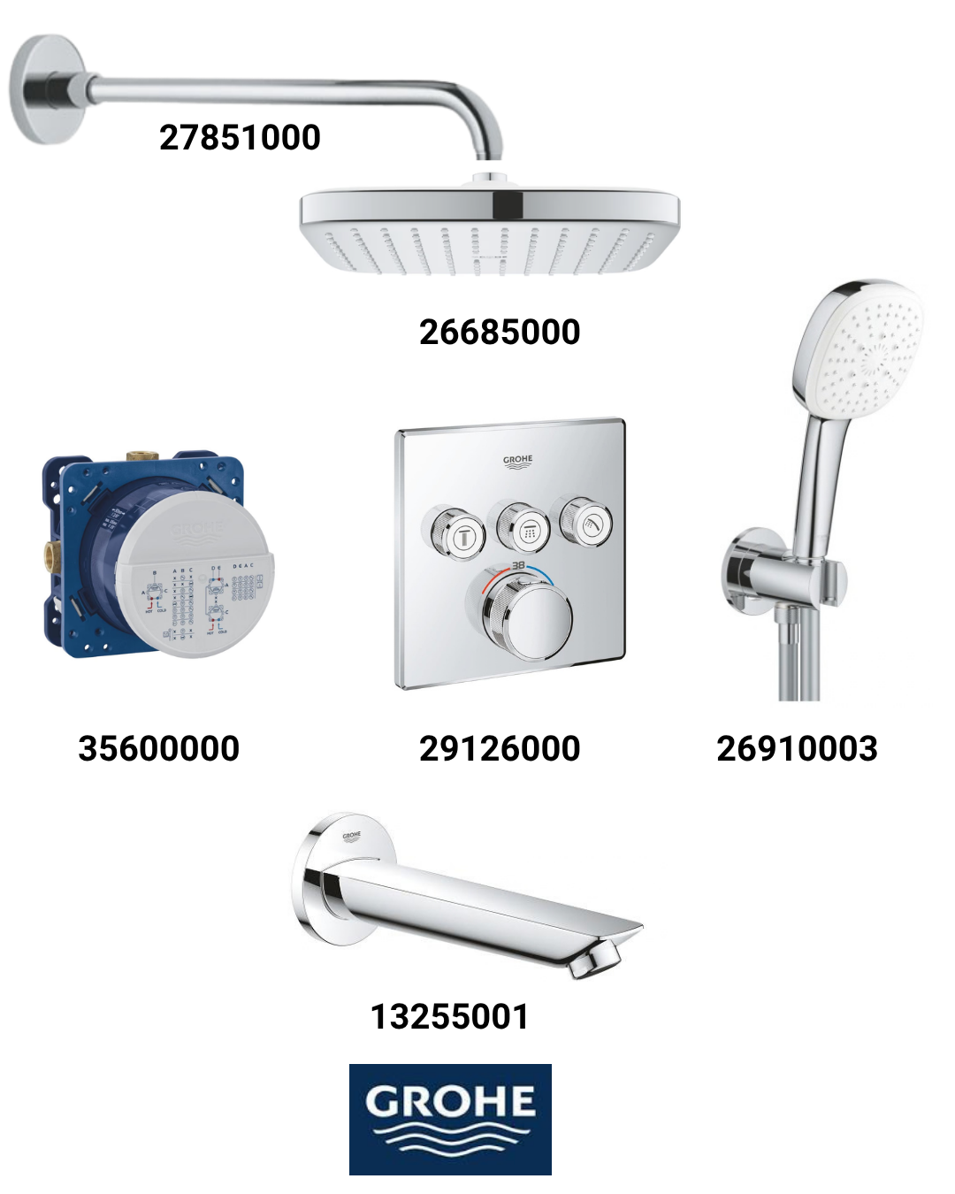 Grohtherm Smartkontrol Ankastre Banyo Bataryası Seti Kare 3-Yol Gagalı(Kare Tepe Duşlu) 29126SET3