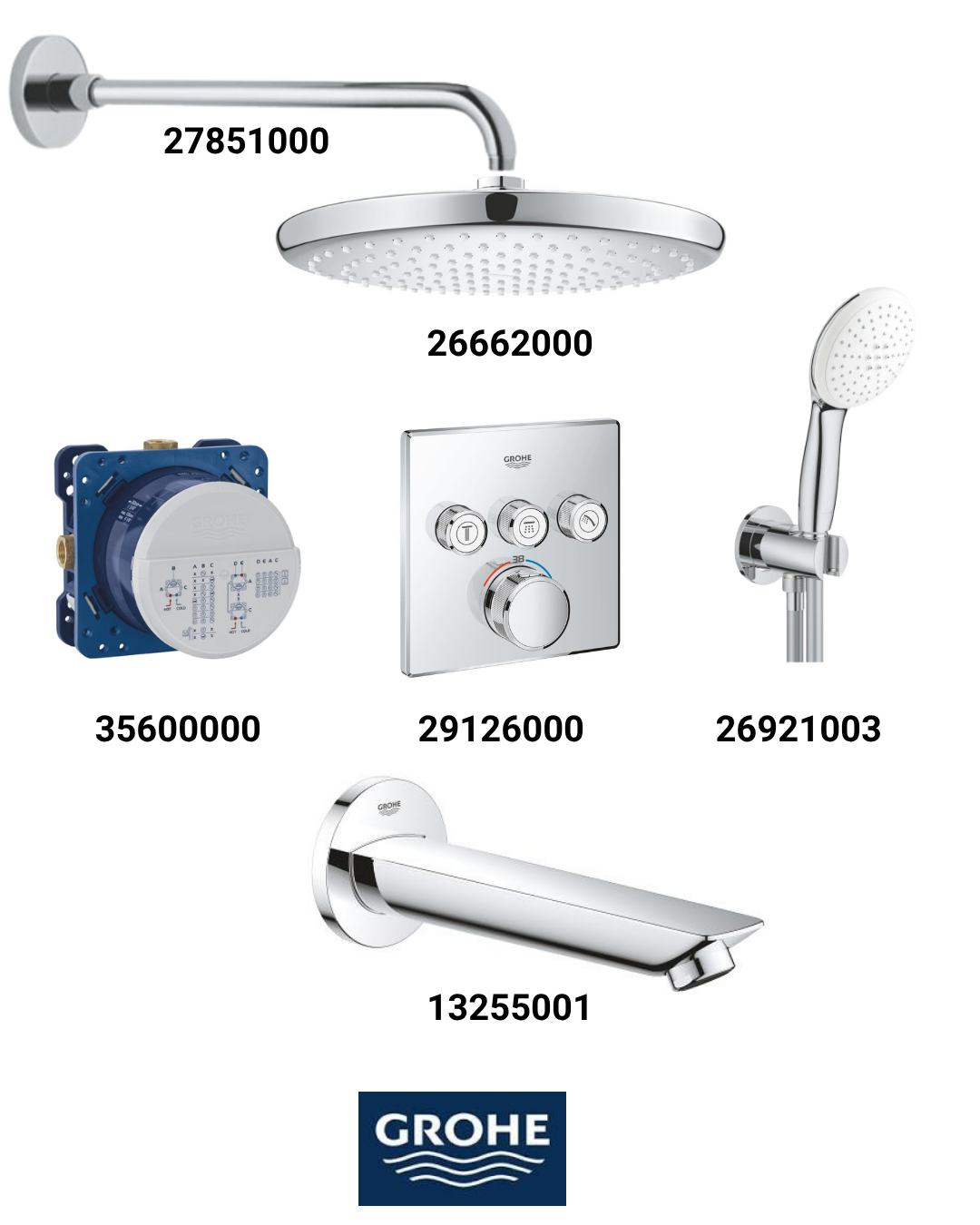 Grohtherm Smartkontrol Ankastre Banyo Bataryası Seti Kare 3-Yol Gagalı (Geniş Oval Tepe Duşlu) 29126SET5
