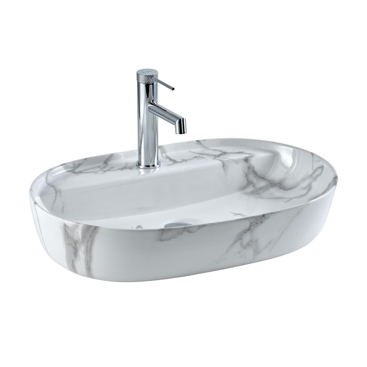 E-2114M1 Tezgah Üstü Lavabo Beyaz Mermer Desenli E-2114M1