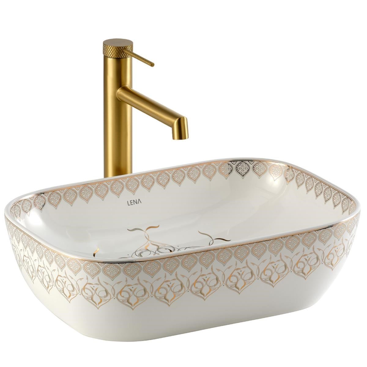 EY-7033 Tezgah Üstü Lavabo Beyaz & Altın EY-7033