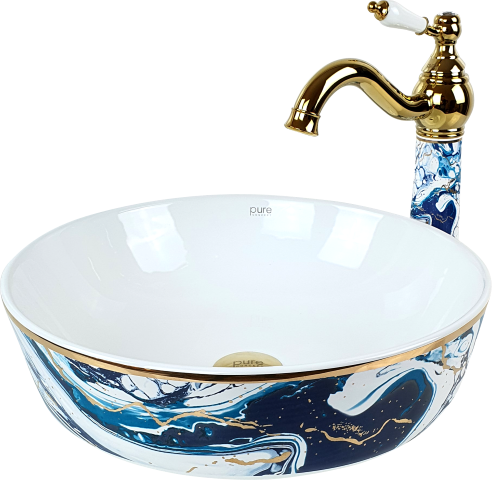 Pure Ebru Mavi Altın Tezgah Üstü Çanak Lavabo Tr-131 TR-131