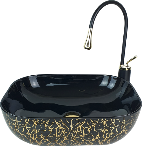 Pure Marble Parlak Siyah Gold Tezgah Üstü Çanak Lavabo Tr-129 TR-129