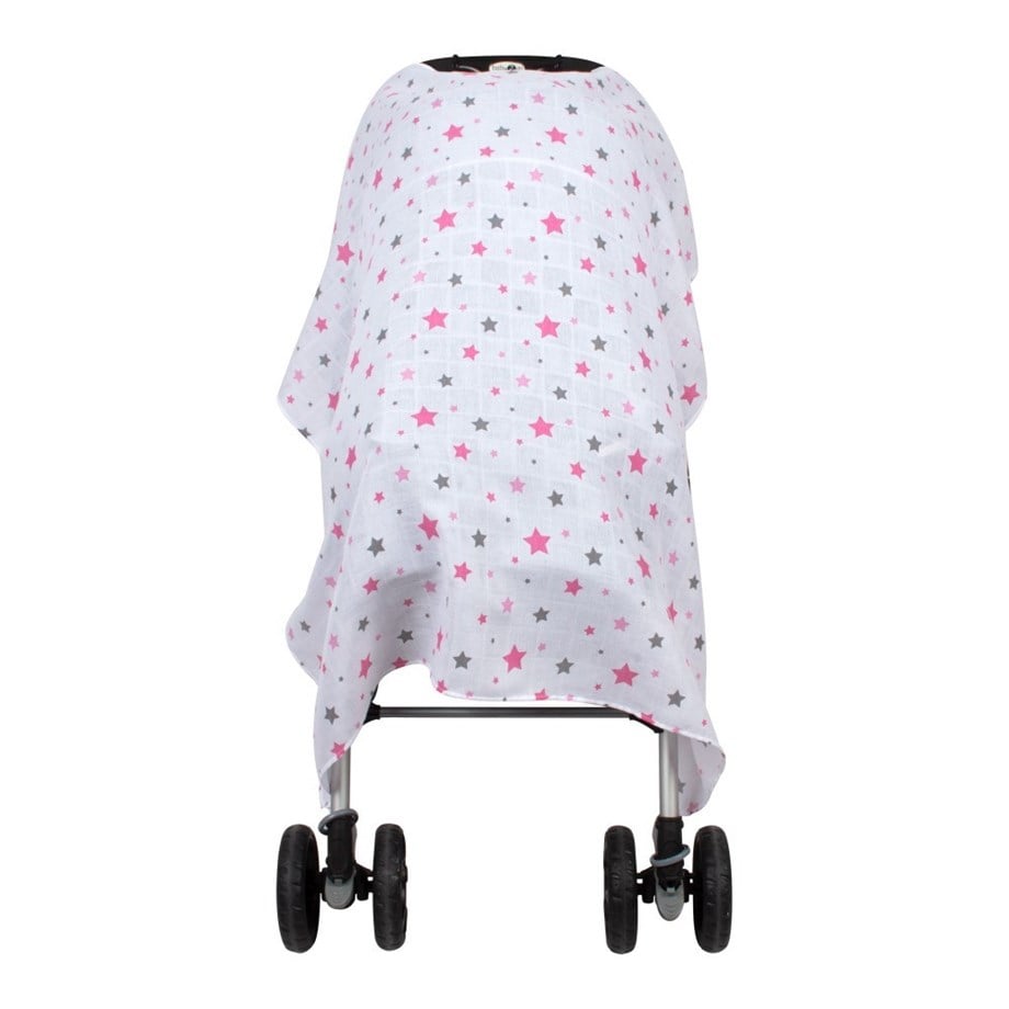 Sevi Bebe Müslin Bebek Arabası Örtüsü - Yıldız Yağmuru Pembe