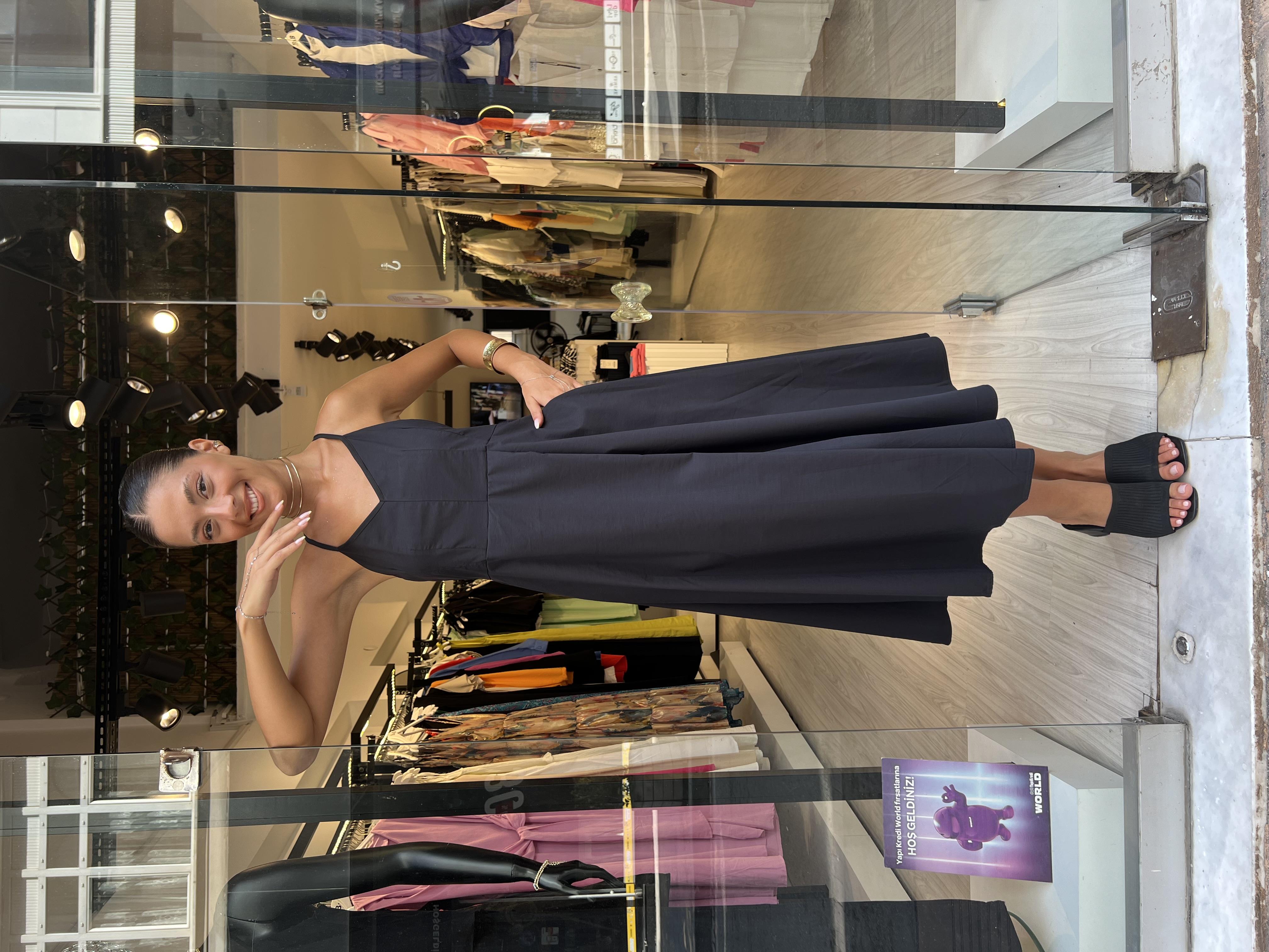  Askılı Pile Elbise-Siyah