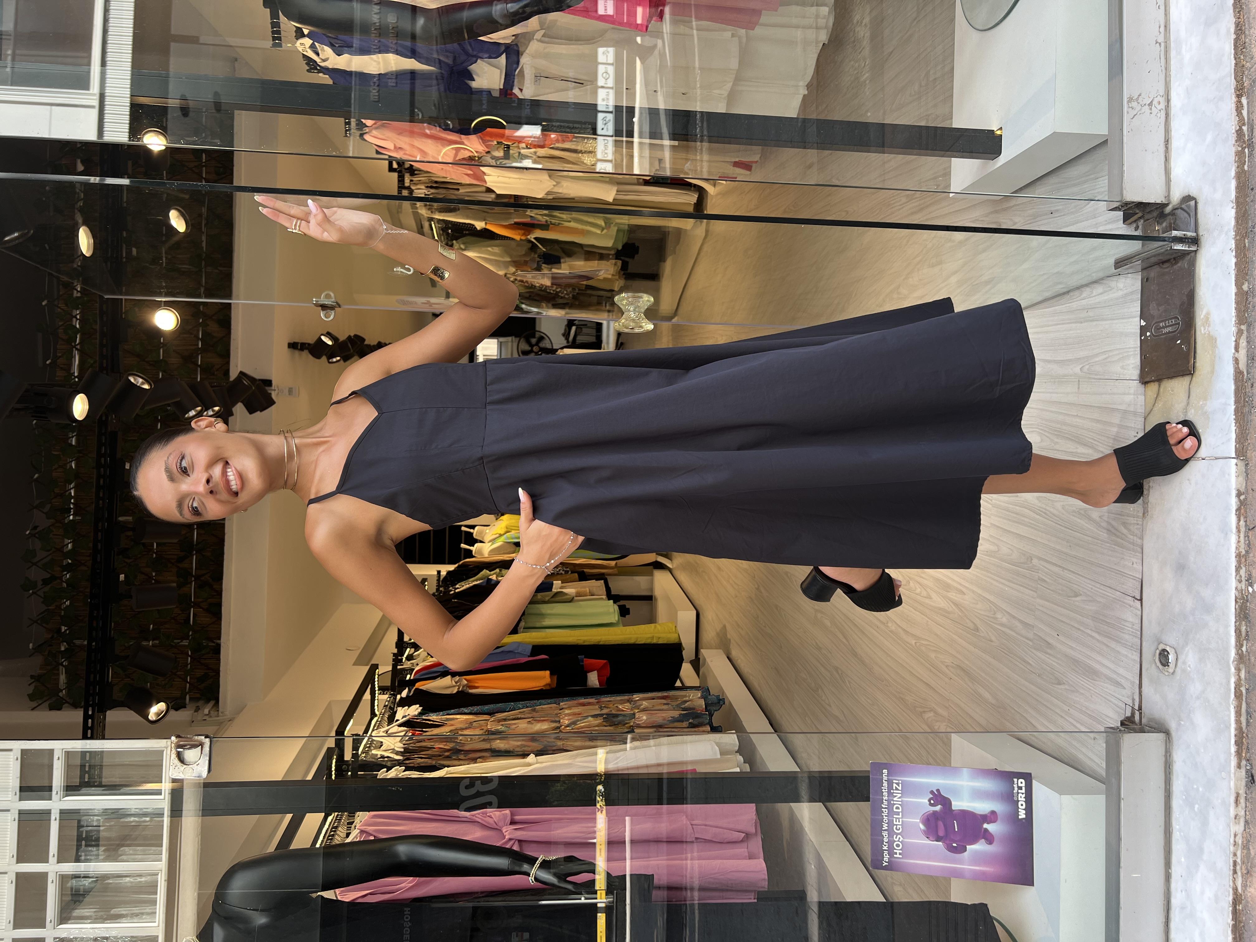  Askılı Pile Elbise-Siyah