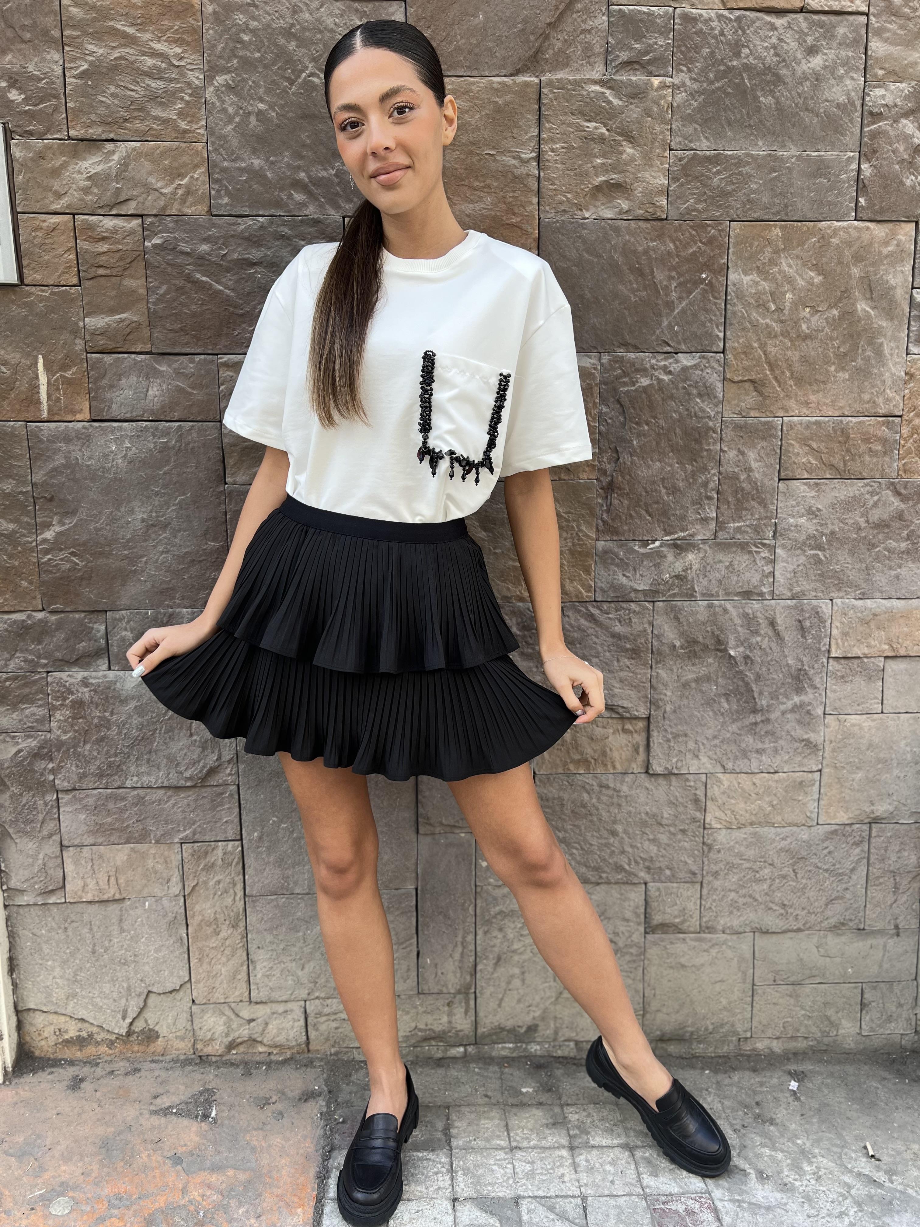 Cep Detaylı Vatkalı Tişört-Ekru