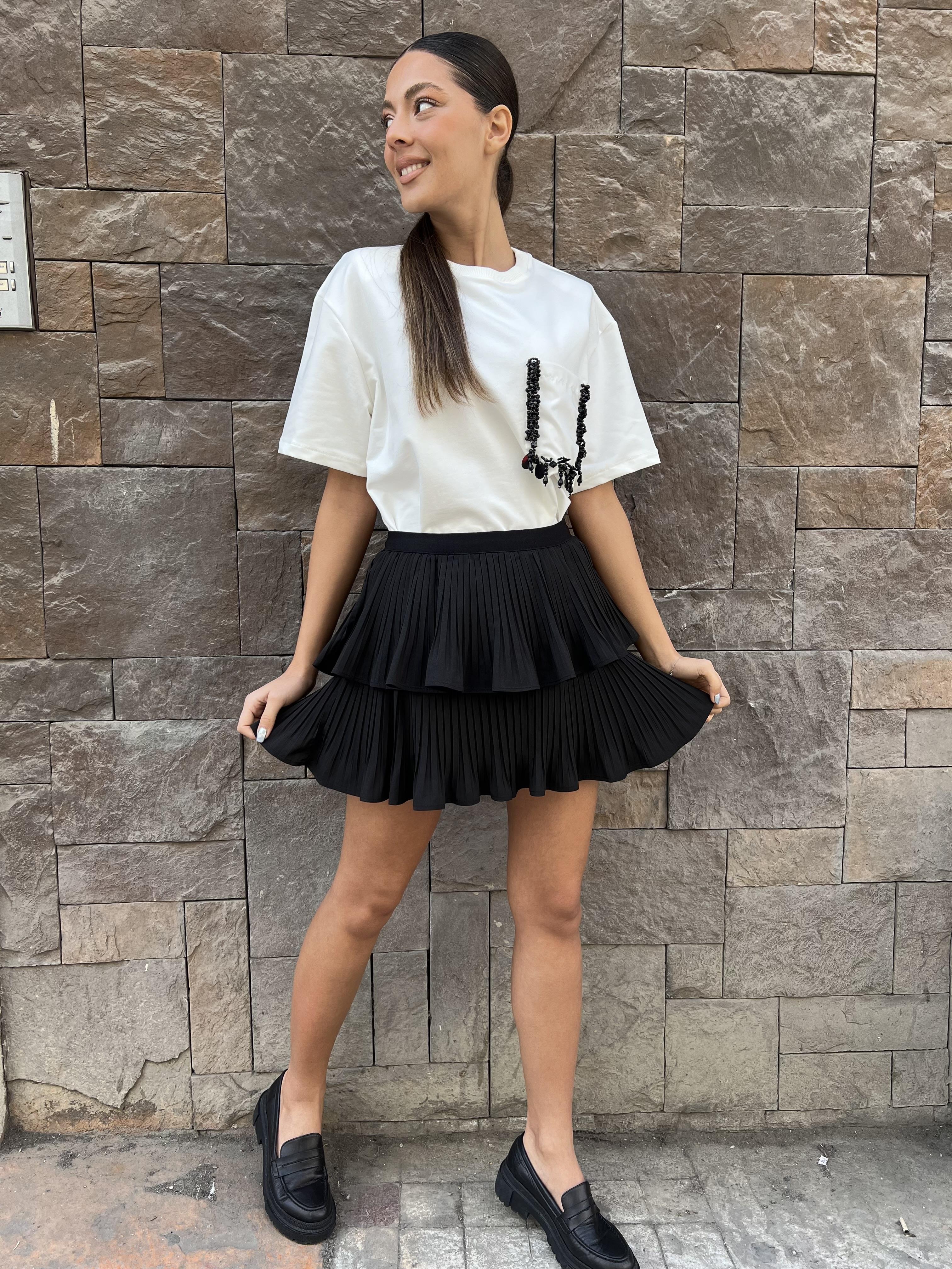 Cep Detaylı Vatkalı Tişört-Ekru